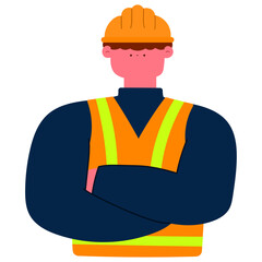 Construction worker wearing a safety vest and hard hat, arms crossed confidently flat vector illustration