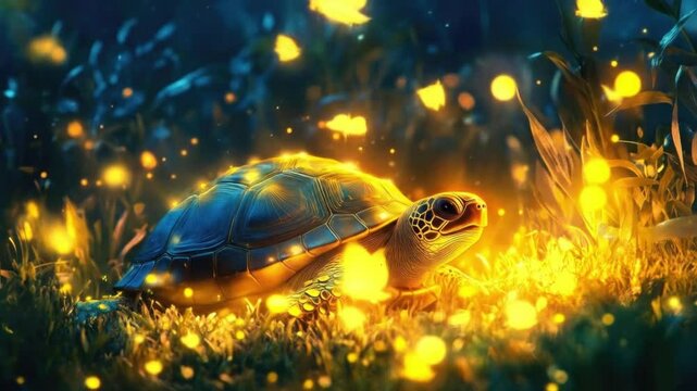 A turtle with a glowing shell surrounded by glowing orbs in a field of tall grass art