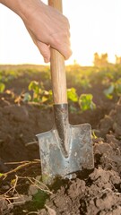 Hands Digging Sweet Potatoes with Trowel in Field at Sunrise