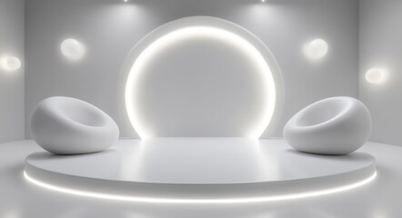 Minimalist abstract architecture design is showcased through a 3D render of a geometric archway and cubes, all in metallic silver