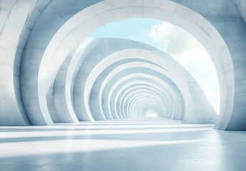 Obraz premium The minimalist interior of this modern white architectural design boasts geometric shapes and a striking sky view, perfectly complemented by outdoor elements and concrete finishes