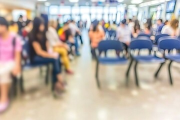 Blurred view of a crowded hospital waiting room, filled with people sitting on blue chairs.  Many individuals are visible in the space, suggesting a busy clinic or hospital