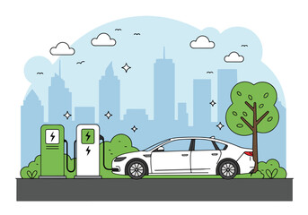 Adobe Illustrator Artwork Scenic vector flat illustration of a white and green electric car charging at a station with a mountain backdrop. Promotes clean energy, ecology, and sustainable transport