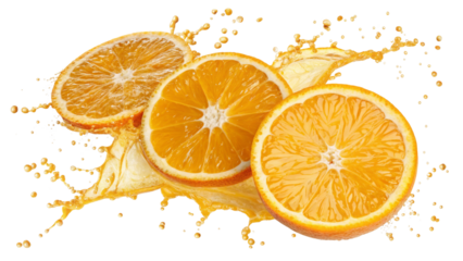 Three Orange Slices Splashing Juice, Isolated on Transparent Background, Fruit, Citrus, Refreshing, Orange, Juice, Splash