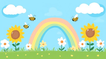 Colorful garden scenery with sunflowers, daisies, a rainbow, and bees under a sunny sky