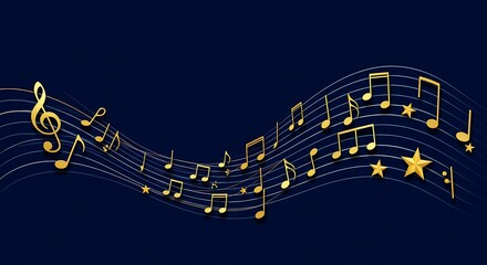 Golden Music Notes & Stars Ascend on Wavy Staff Lines Against Deep Navy, Creating an Elegant & Harmonious Design for Concerts, Classical Performances and Events with Cultural Richness