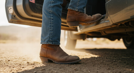 Cowboy boot stepping into truck from dusty ground. Close up action of person in western wear entering vehicle. Rural lifestyle, travel and arrival concept.