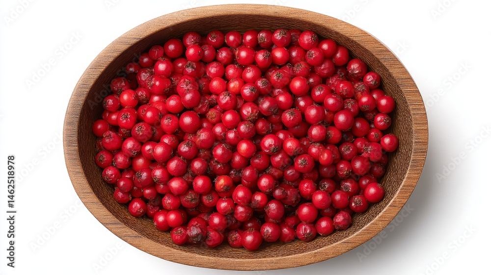 Poster a wooden bowl overflows with bright red szechuan peppercorns, set against a clean background, provid
