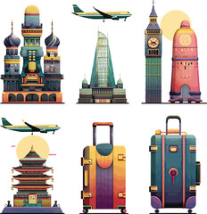 Vector Travel Icon Set, Colorful Airplane and Landmark Illustrations.