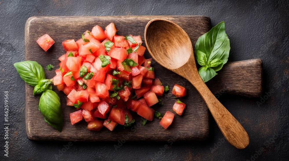 Poster chopped tomatoes and basil leaves are artfully arranged on a rustic cutting board, vibrant colors an