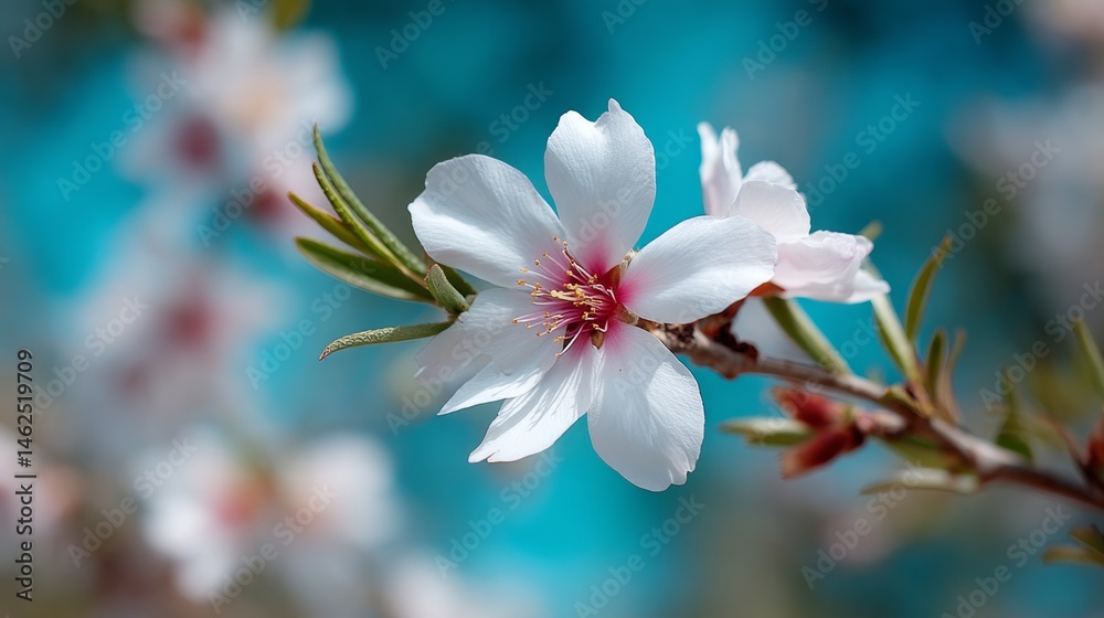 Poster Soft cream-colored petals of a flower sway gently in a light breeze, set against a striking turquoise sky, creating a serene and peaceful atmosphere
