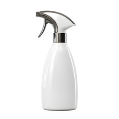 A white plastic spray bottle with a silver nozzle is isolated on a clean white background, perfect for use with various liquids and cleaning solutions easily.