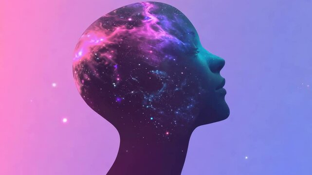 A surreal video concept with a side profile of a head filled with cosmic imagery. The style is ethereal, captured from a side angle. Live desktop wallpaper.
