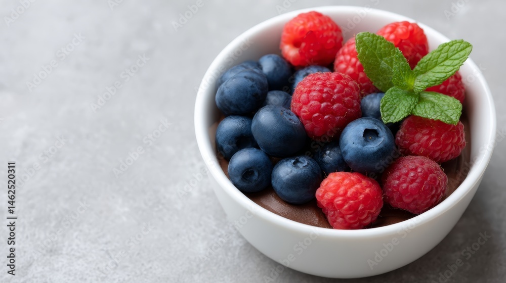 Aufkleber a clean composition features a small white bowl containing a chocolate base, adorned with vibrant be