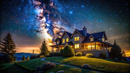 Fototapeta premium Night Photography Hilltop Mansion, Dark Trees, Starry Sky, Dramatic Lighting, Large House, Night Scene, Landscape Photography