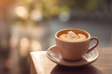 Fototapeta premium A beautifully crafted cup of coffee featuring intricate latte art rests on a wooden table in a cozy cafe, illuminated by morning light Generative AI