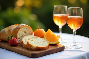 Artisan bread, cheese, fruit & mimosa on a white tablecloth, mimosa, baguette