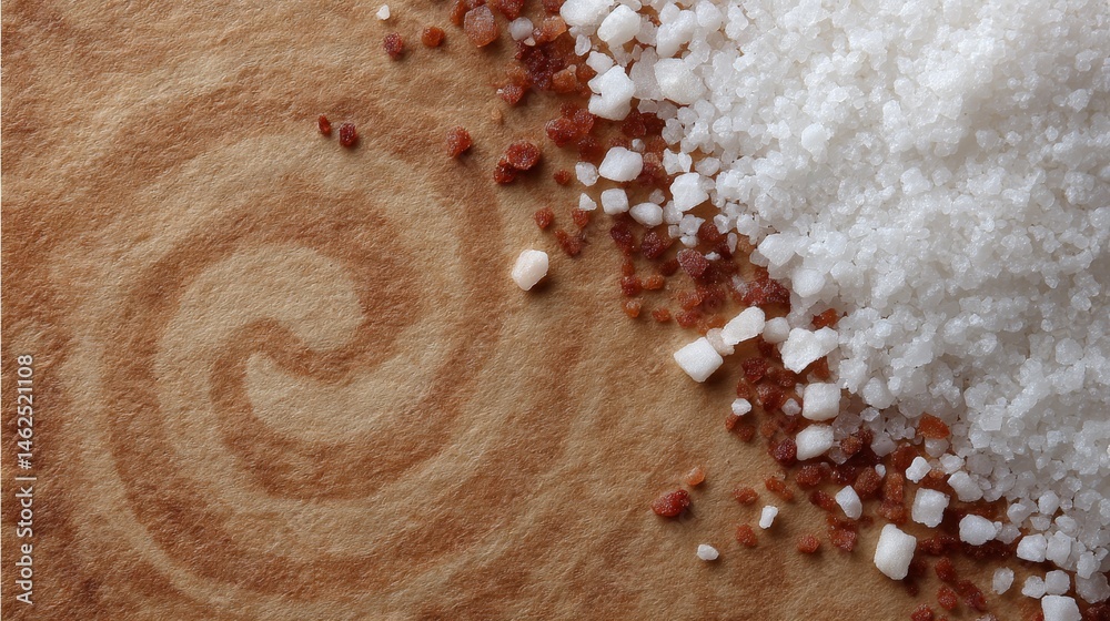 Poster A close-up of a sticky cinnamon swirl roll rests on parchment paper beside scattered sugar crystals, creating an inviting sweet treat presentation with open space