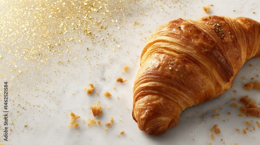Poster golden croissant with flaky texture rests diagonally on a white surface, crumbs scattered around, hi