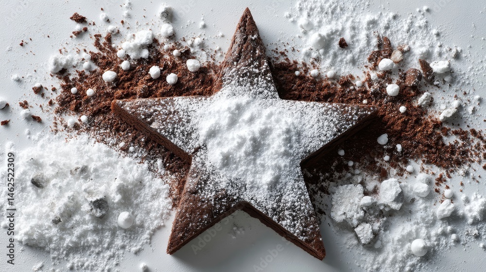 Poster a star-shaped pastry sits elegantly with a generous dusting of icing sugar on a neutral white backgr