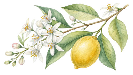 Watercolor Lemon Branch with Blossoms, Isolated on Transparent Background, Botanical Illustration, Citrus Fruit, Floral Design, Lemon, Botanical, Watercolor