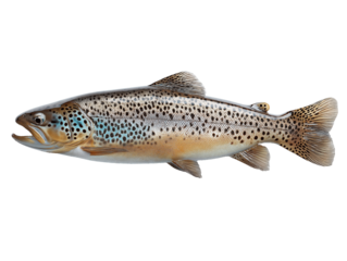 Aquatic Symphony: A single, photorealistic brown trout, with exquisite detail, glides effortlessly. Witness the mesmerizing beauty of a pristine aquatic life.