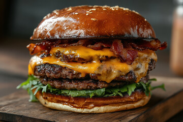 Cheeseburger with bacon and melted cheese on a rustic wooden board.