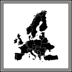 Europe Map Silhouette with Country Borders – Black and White Vector Illustration for Educational, Travel, Geography Projects and Graphic Design