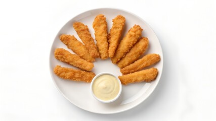 Crispy Golden Chicken Tenders Arranged in a Circle with Creamy Dipping Sauce on White Plate – Overhead View