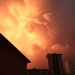 Orange Sky Stormy Weather Over Urban Cityscape Silhouette and Towering Clouds