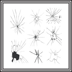 Broken Glass Impact Vector Set &ndash; Shattered Window and Crack Explosion Illustrations with Varied Fracture Styles &ndash; Realistic Glass Damage for VFX, UI Overlays, and Grunge Design