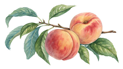 Watercolor Peach Branch, Two Peaches on Branch, Isolated on Transparent Background, Botanical Illustration, Fruit Clipart, Peaches, Watercolor, Fruit