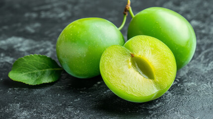 Obraz premium A vivid green plum displayed on a dark gray backdrop