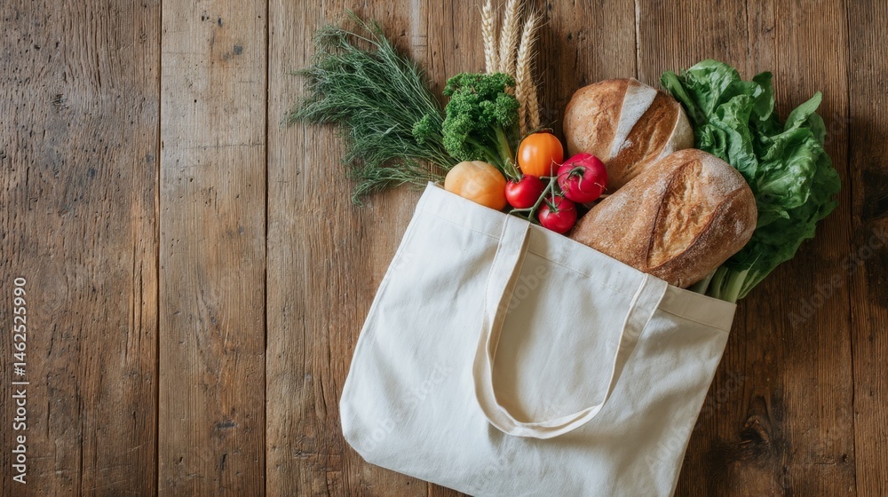 Poster fresh vegetables, herbs, and artisan bread overflow from a canvas tote bag placed on a rustic wooden