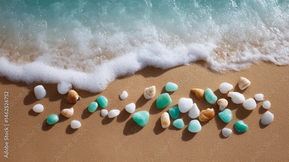 Poster gentle tropical tide flows over a variety of tiny white shells and pastel pebbles on golden sand, cr
