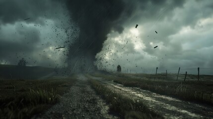 Powerful twister ravages a rural landscape under dark storm clouds.
