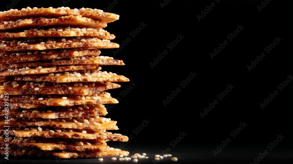 Poster Toasted crackers are arranged in a neat stack against a stark black background, highlighting their texture and shape with bold visual contrast and space for text