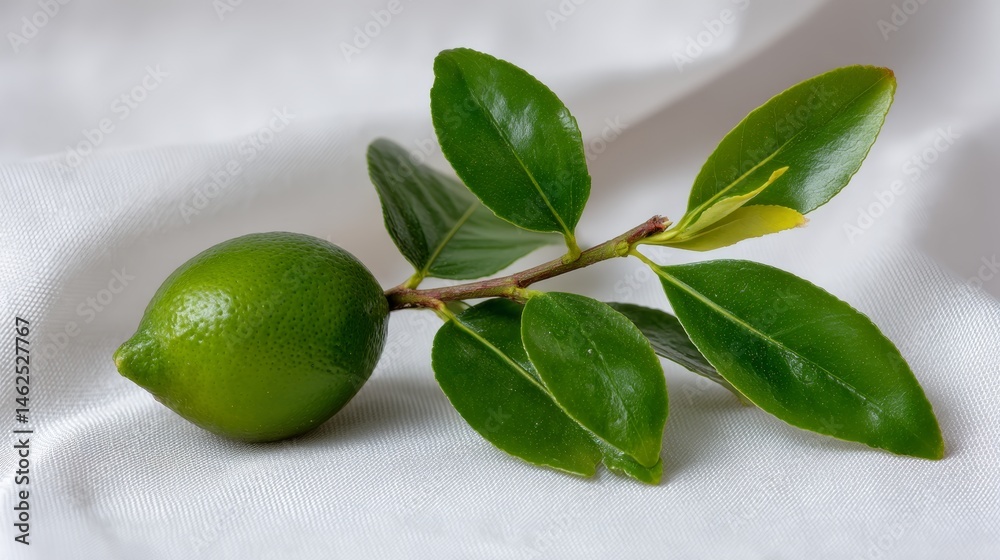 Poster close-up view of a fresh green citrus fruit with a small leaf attached, showcased against a soft whi