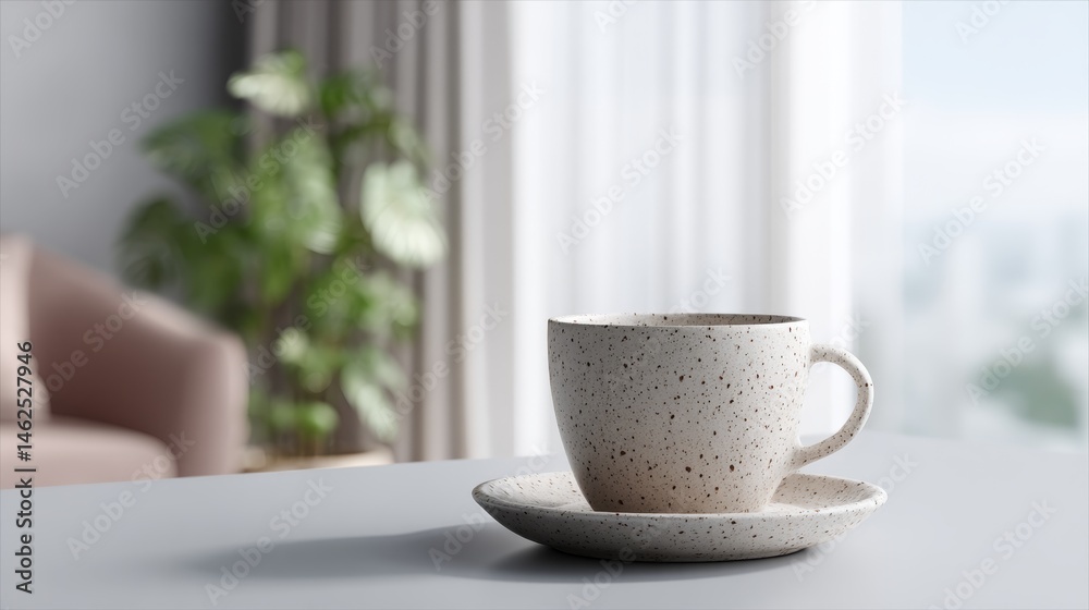 Fototapete close-up view of a speckled ceramic teacup with a matching saucer on a smooth surface, softly lit by