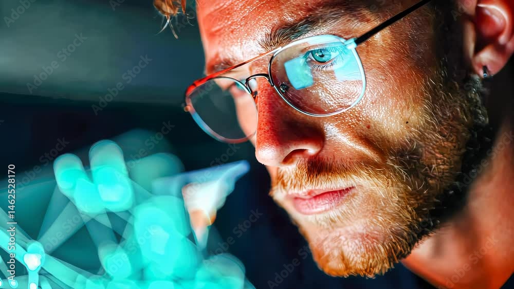 Poster focused young man analyzing ai neural network data visualizations on a glowing digital interface