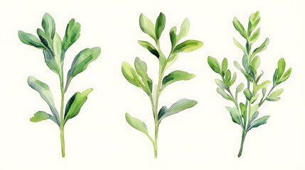 Fototapeta premium Three sprigs of greenery with delicate leaves in soft shades.