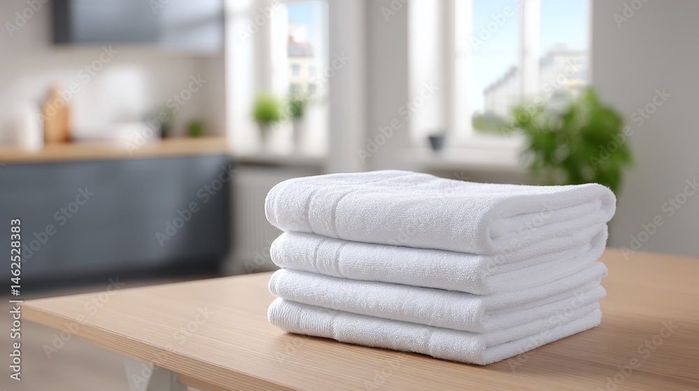 Leinwandbilder soft white bath towels are stacked neatly on a light-colored surface, surrounded by soft shadows and