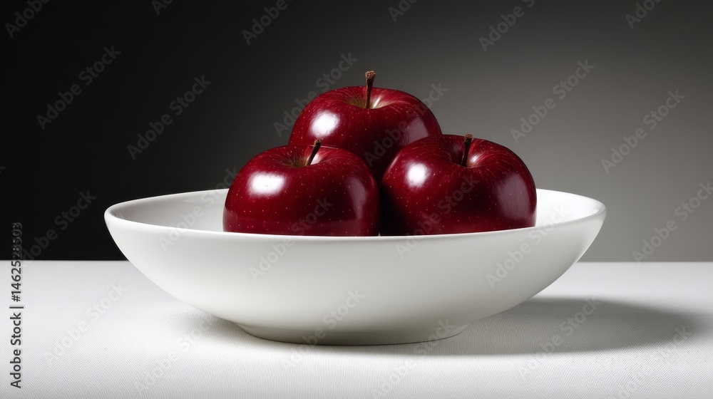 Poster three glossy red apples rest in a smooth white ceramic bowl, elegantly displayed on a table with a d