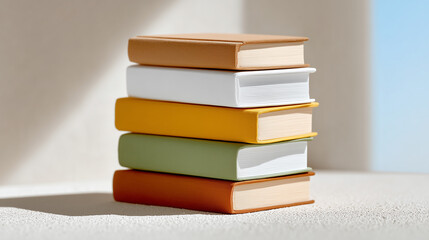 Minimalistic Composition of Stack of Colorful Books on Pure White Surface with Soft Shadows and Natural Light