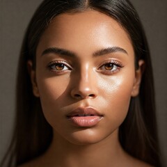 Close-up portrait of a young woman with healthy glowing skin, natural face beauty care