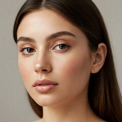 Close-up portrait of a young woman with healthy glowing skin, natural face beauty care