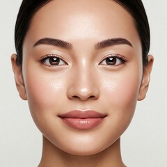 Close-up portrait of a young woman with healthy glowing skin, natural face beauty care