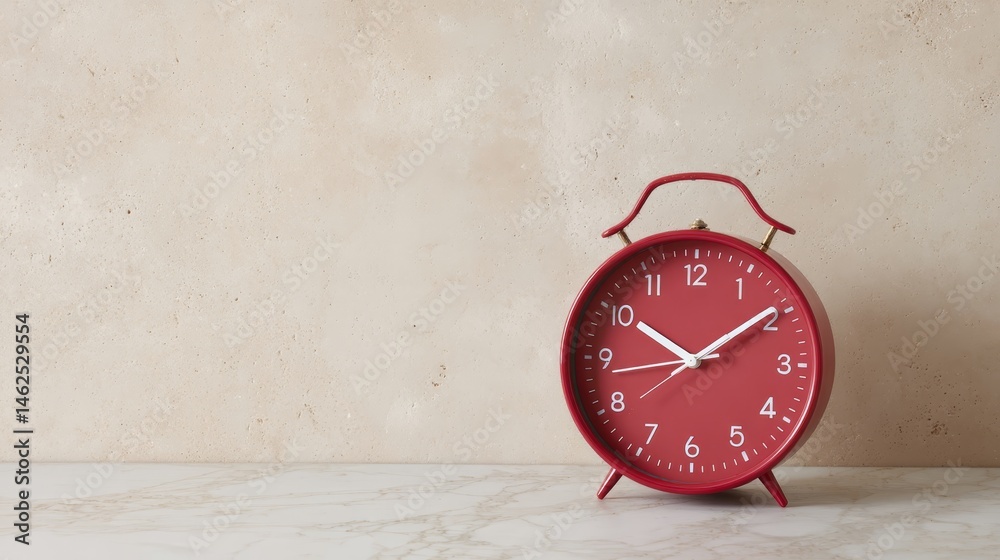 Aufkleber A red retro-style clock displays the time five forty-five on a light textured surface, casting a subtle shadow to the right, with ample copy space available