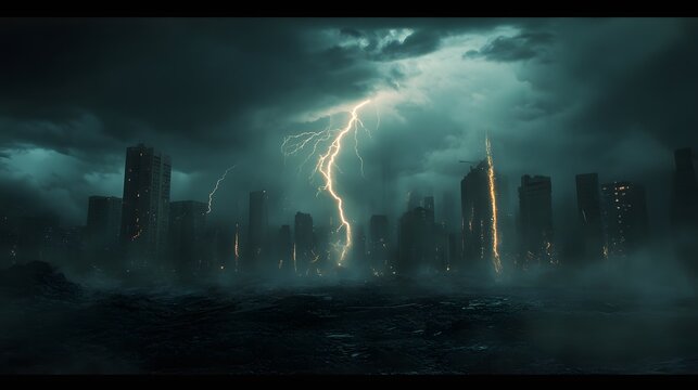 Dramatic thunderstorm with lightning illuminating a city skyline, showcasing an electrifying atmosphere and extreme weather.