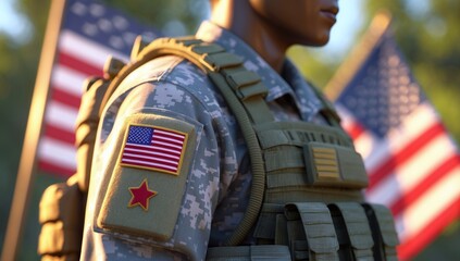Naklejka premium Patriotic Soldier: American Flag and Military Uniform